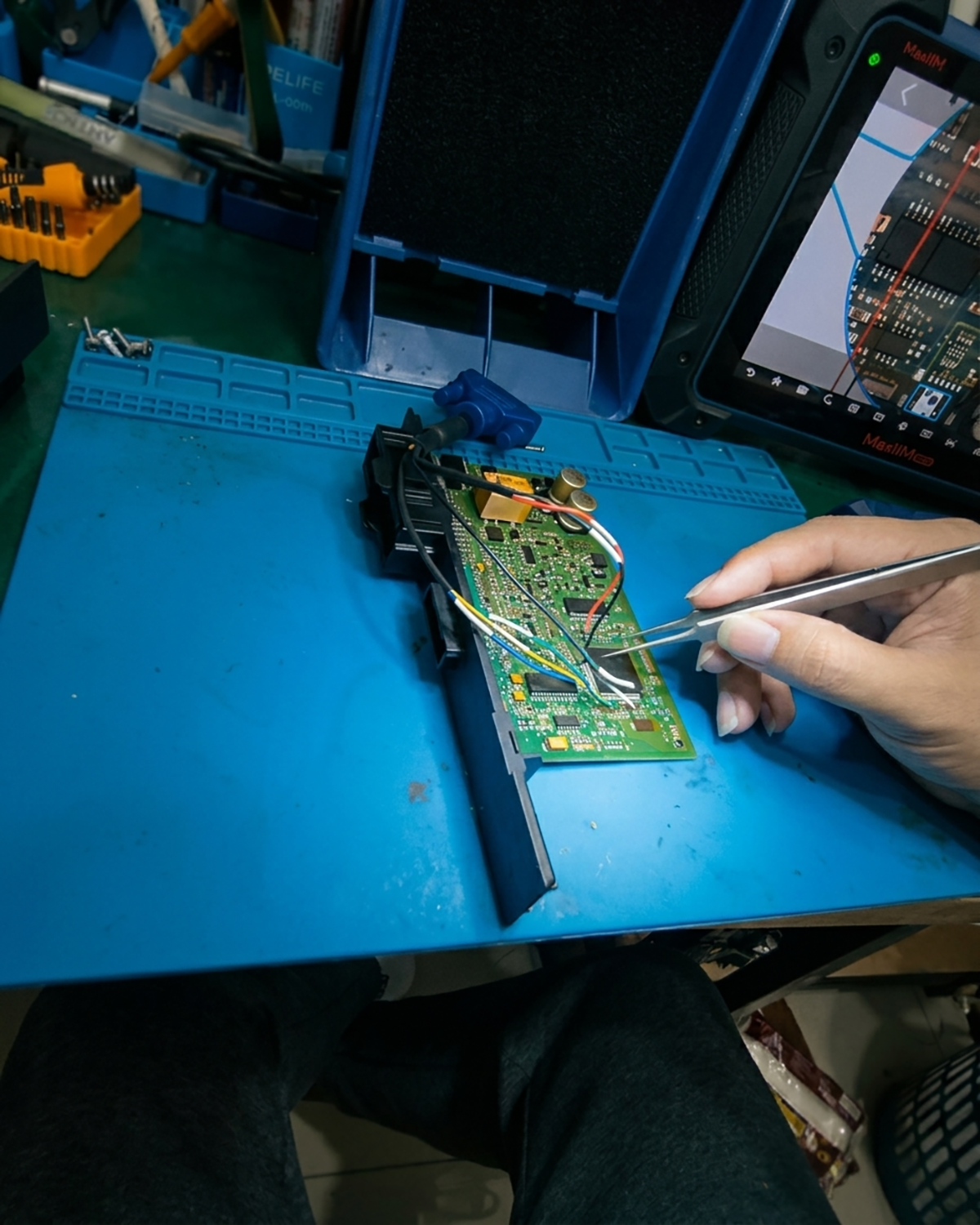 Technician inspecting an automotive electronic module PCB at a repair workbench