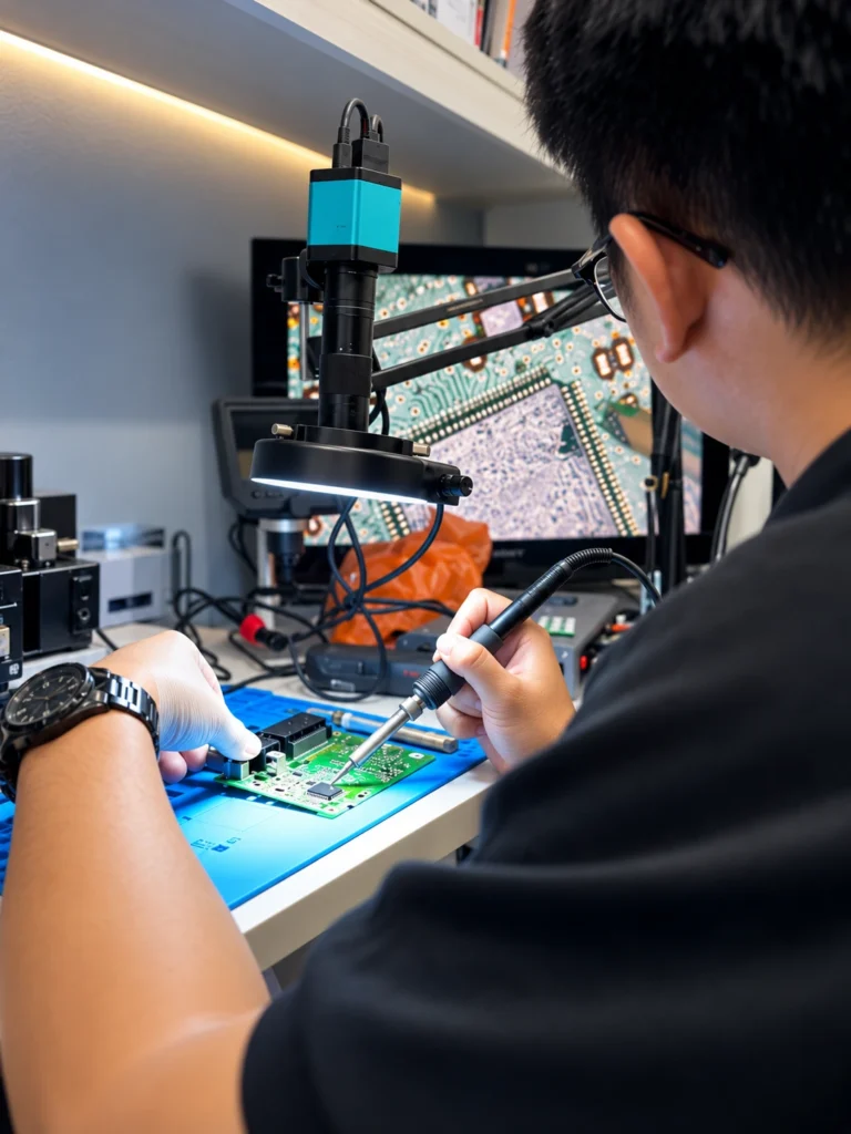 Technician inspecting and repairing an automotive electronic circuit board