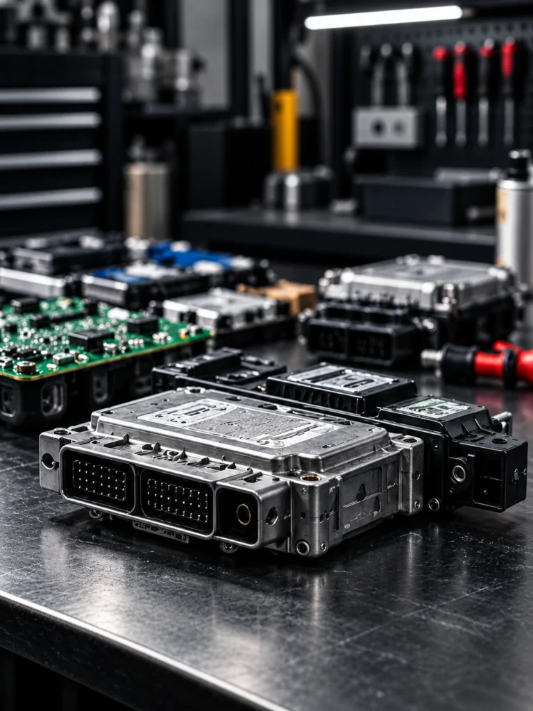 Automotive electronic control modules on a workshop repair bench