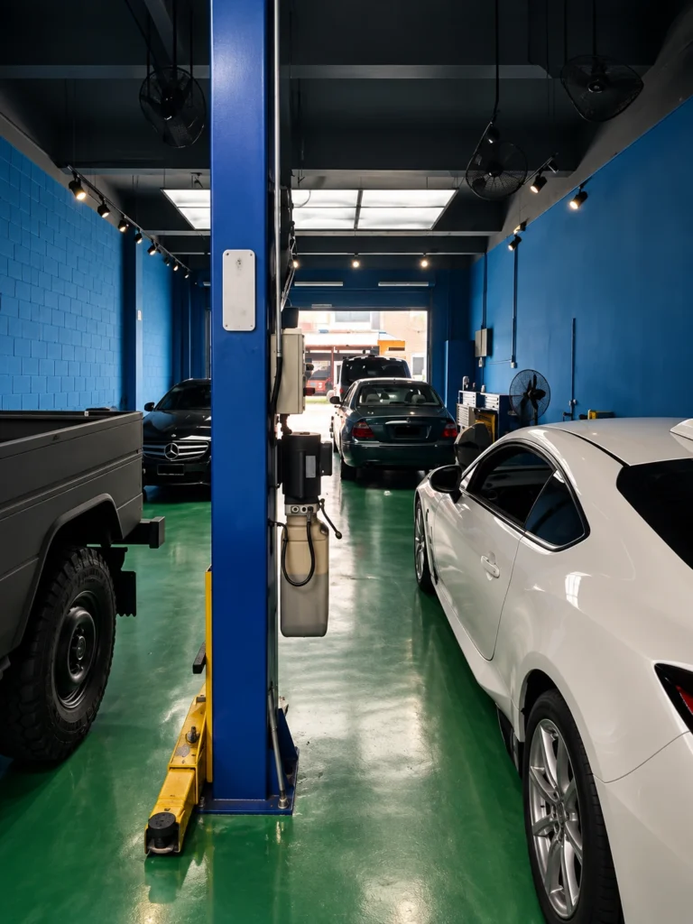 Vehicles inside an automotive electronics workshop in Bandar Sunway