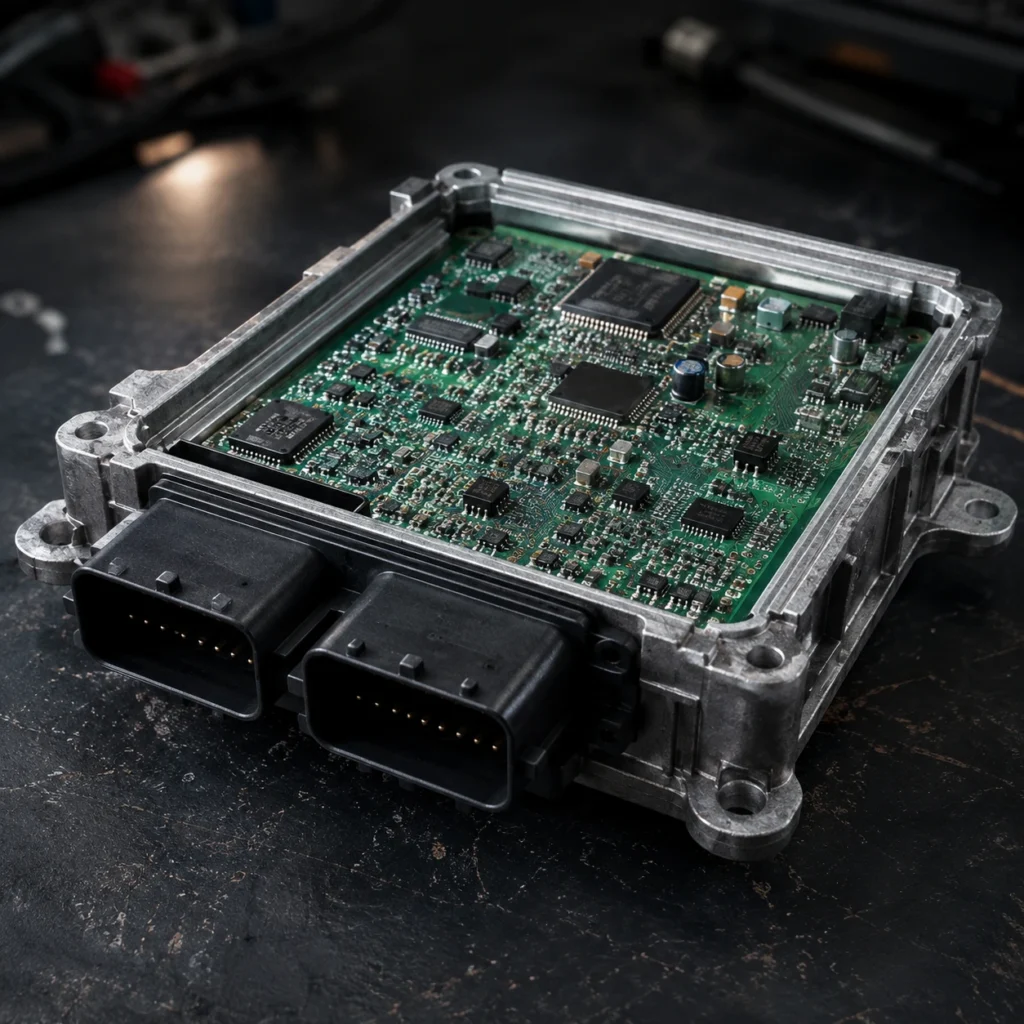 Open engine control unit showing the internal circuit board