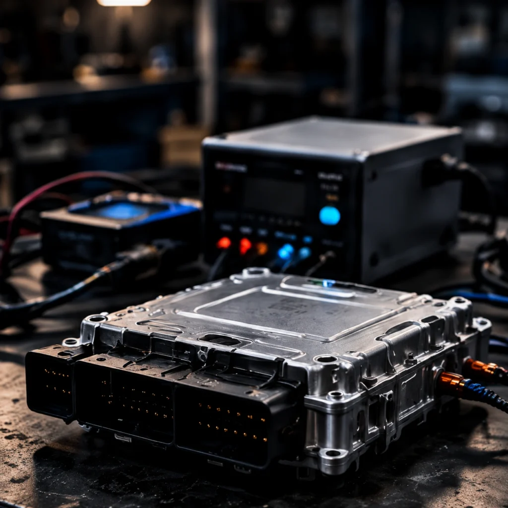 Automotive ECU control module connected to bench equipment for ECU and vehicle module programming.
