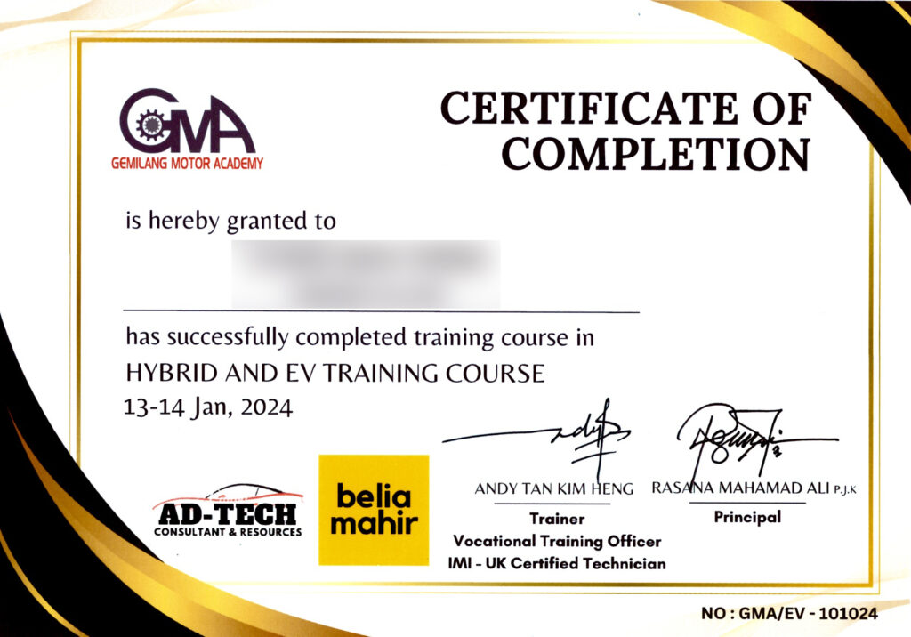 Certificate of completion for hybrid and EV training course