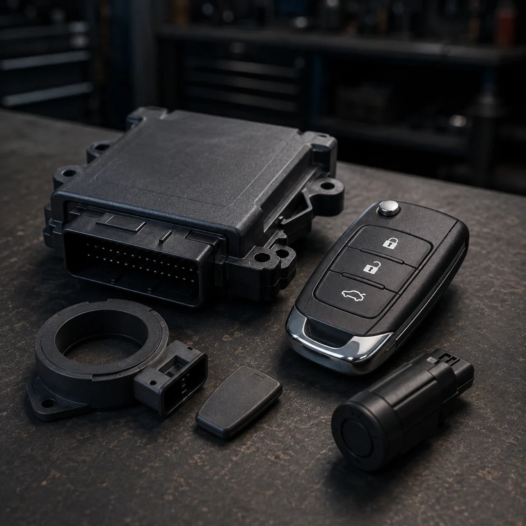 Immobilizer module, key fob and key system components on a workshop bench