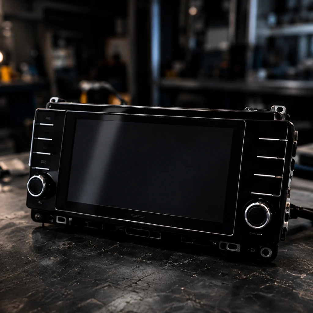 Automotive infotainment and display head unit representing diagnosis of infotainment and electronic display module faults.