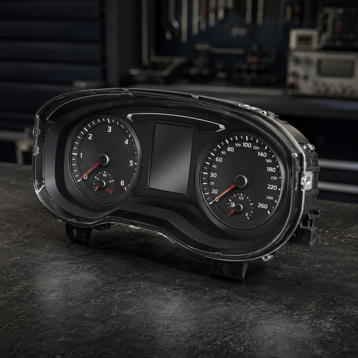 Automotive instrument cluster on a workshop bench
