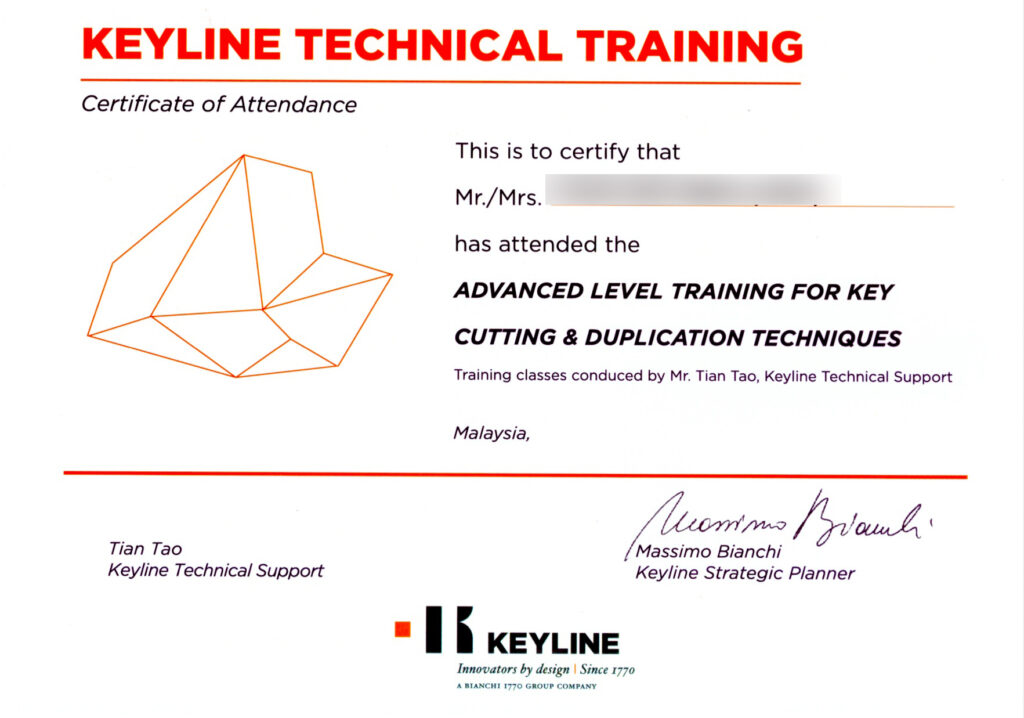 Certificate of attendance for advanced key cutting and duplication techniques training