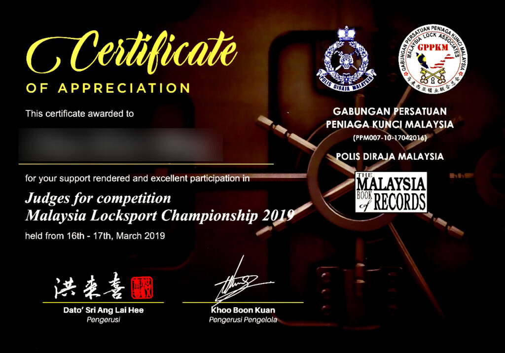 Certificate of appreciation for judging at Malaysia Locksport Championship 2019