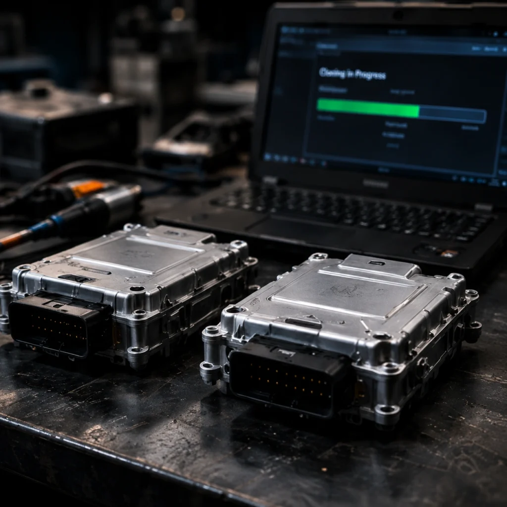 Two automotive ECU modules with a laptop setup representing module cloning and electronic data transfer.