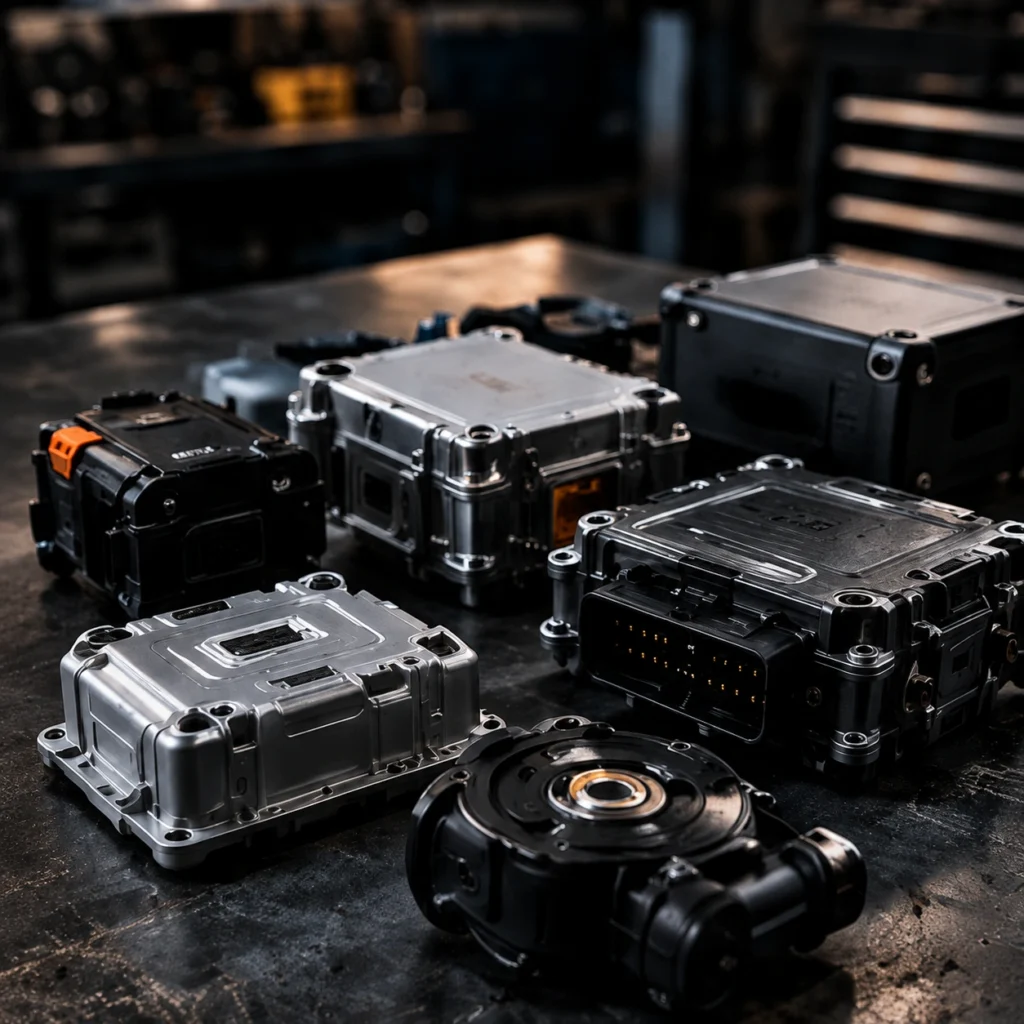 Multiple automotive electronic modules displayed on a workshop bench in a repair environment.