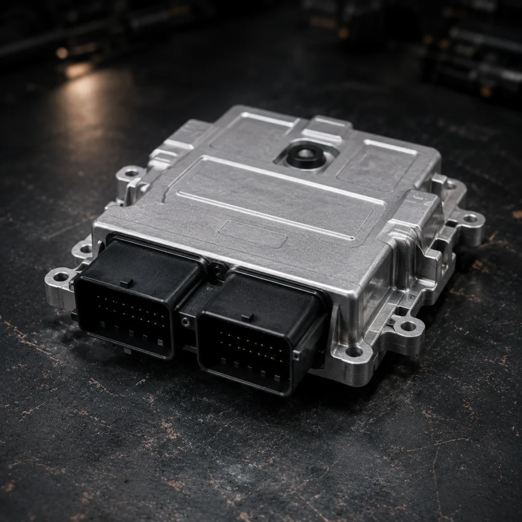 Automotive transmission control module on a workshop bench