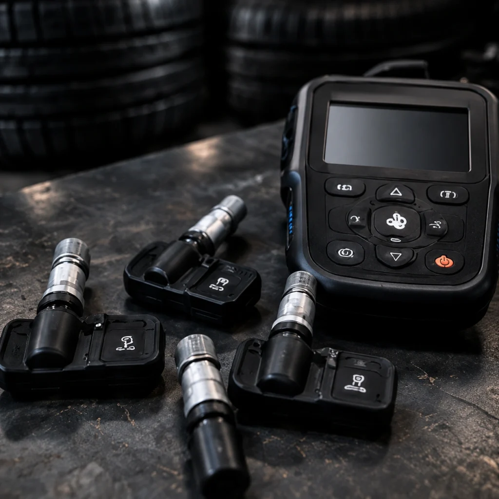 TPMS diagnostic tool and tyre pressure monitoring sensors used for TPMS system diagnosis and service assessment.