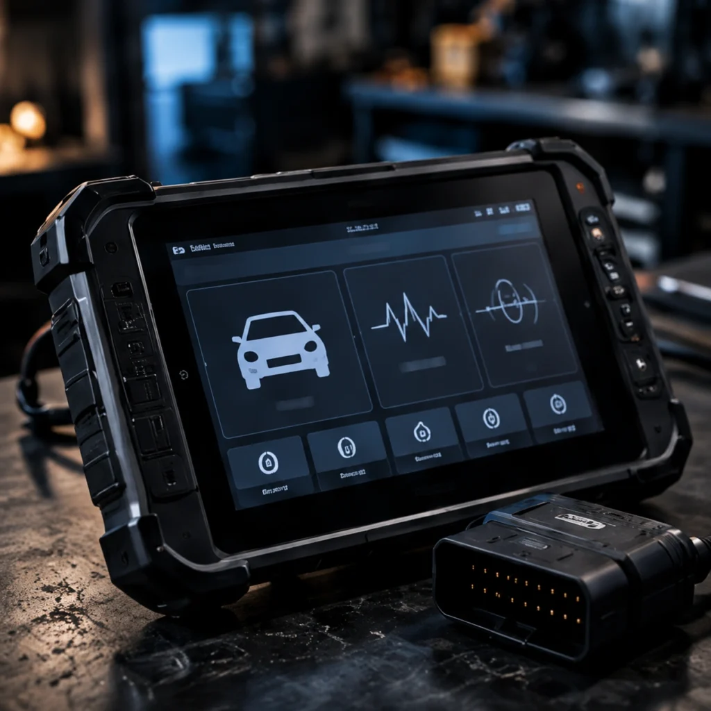 Automotive diagnostic tablet and interface equipment used for vehicle electronic diagnostics and module fault assessment.